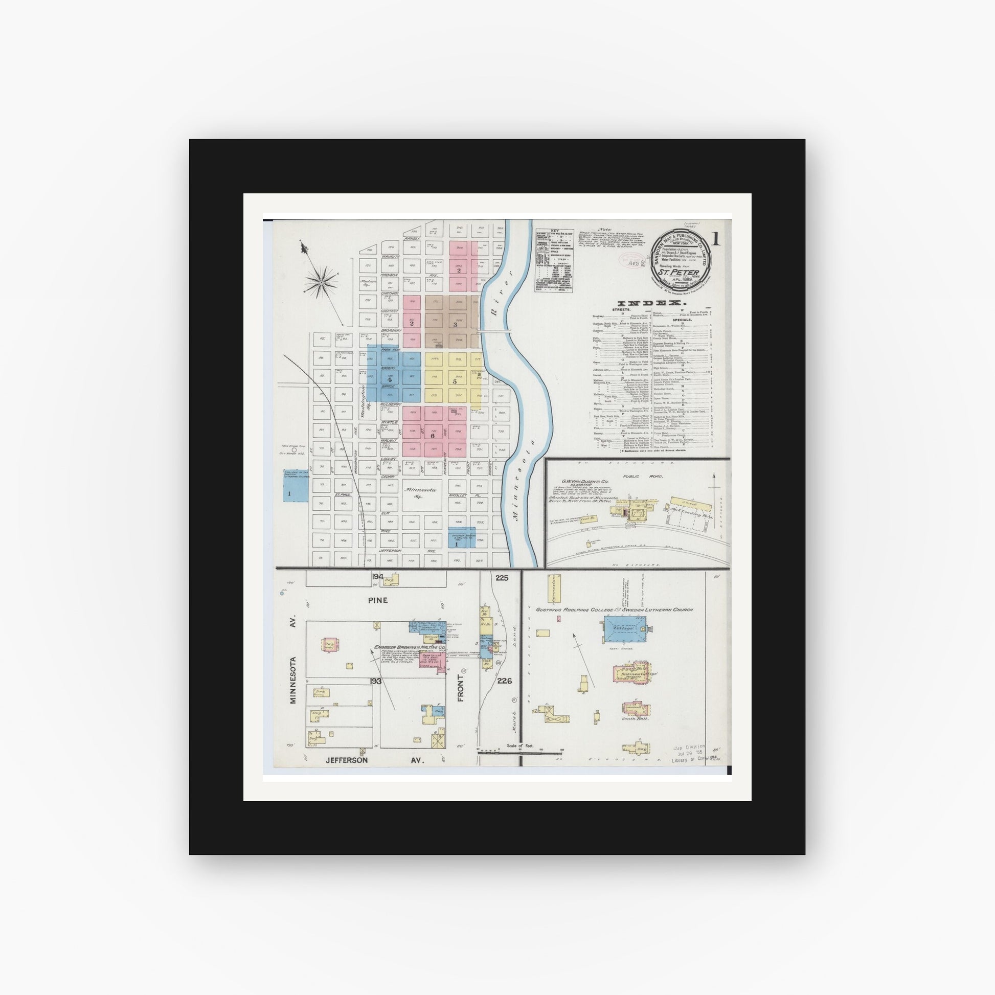 Old map wall art mockup — black gallery frame with white mat — Sanborn Fire Insurance Map from Saint Peter, Nicollet County, Minnesota (1889) - Complete Map Set