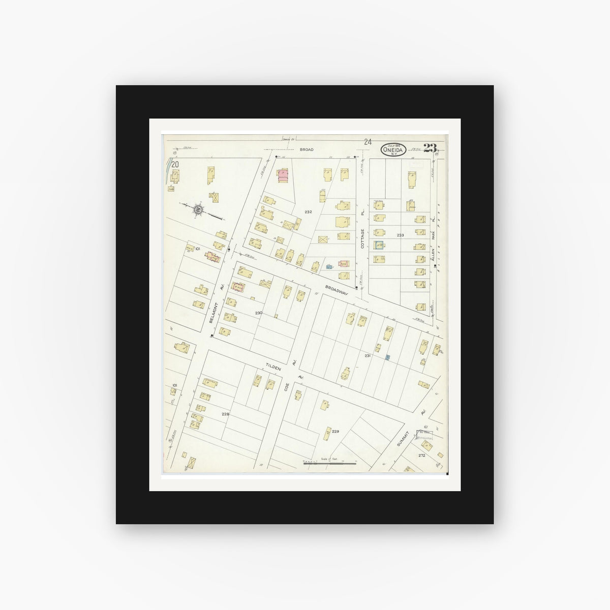 Old map wall art mockup — black gallery frame with white mat — Sanborn Fire Insurance Map from Oneida, Madison County, New York (1914), Sheet #0023