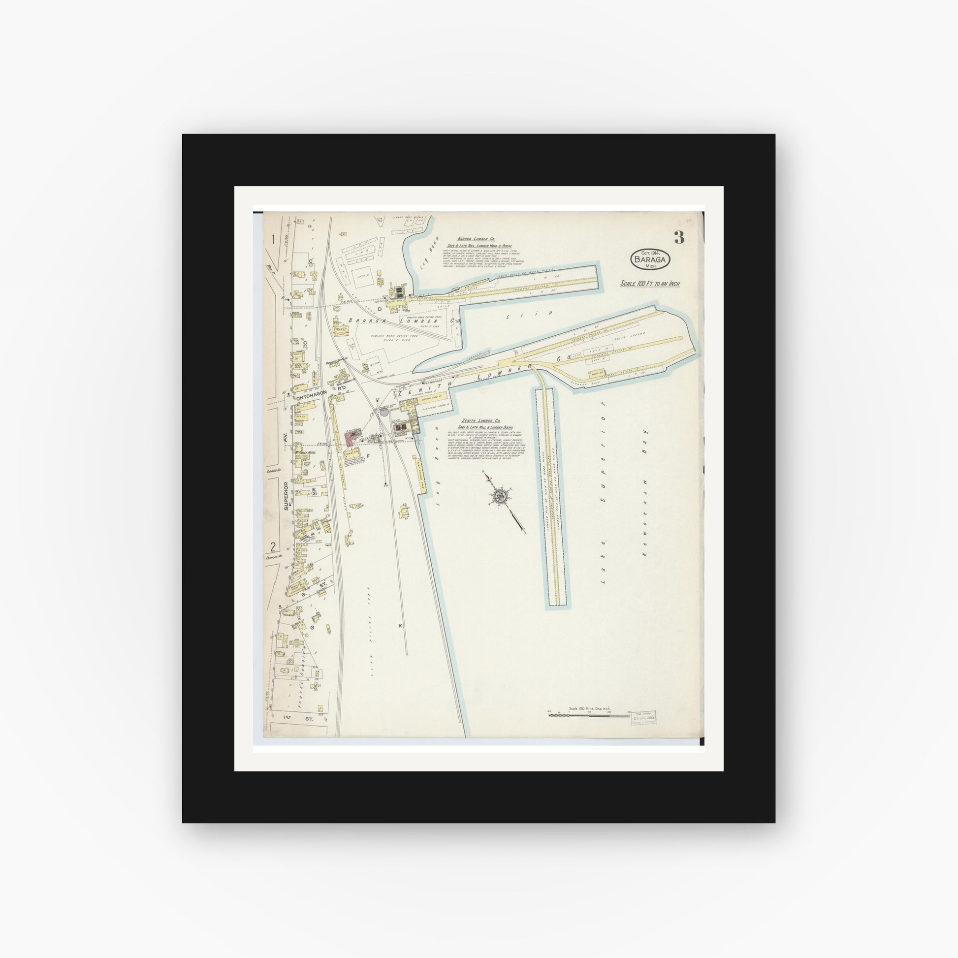 Old map wall art mockup — black gallery frame with white mat — Sanborn Fire Insurance Map from Baraga, Baraga County, Michigan (1914), Sheet #0003