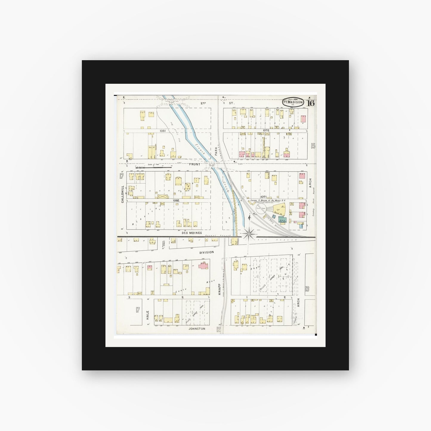 Old map wall art mockup — black gallery frame with white mat — Sanborn Fire Insurance Map from Fort Madison, Lee County, Iowa (1894), Sheet #0016