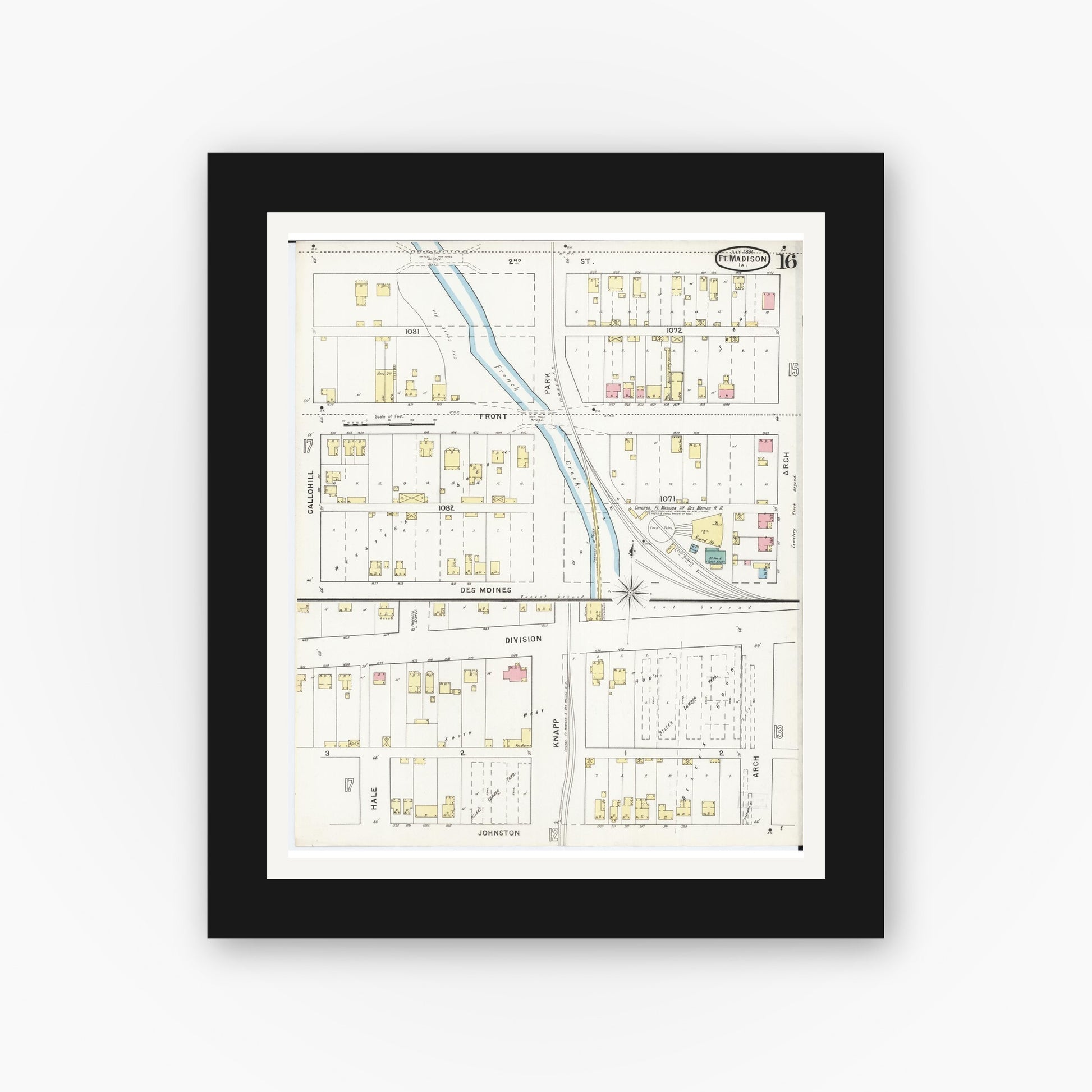 Old map wall art mockup — black gallery frame with white mat — Sanborn Fire Insurance Map from Fort Madison, Lee County, Iowa (1894), Sheet #0016