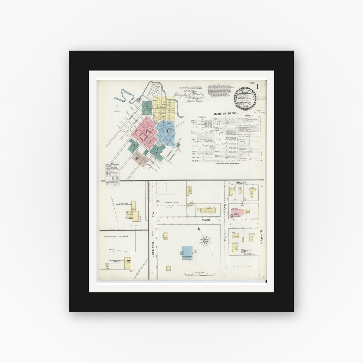 Old map wall art mockup — black gallery frame with white mat — Sanborn Fire Insurance Map from Brownwood, Brown County, Texas (1893) - Complete Map Set