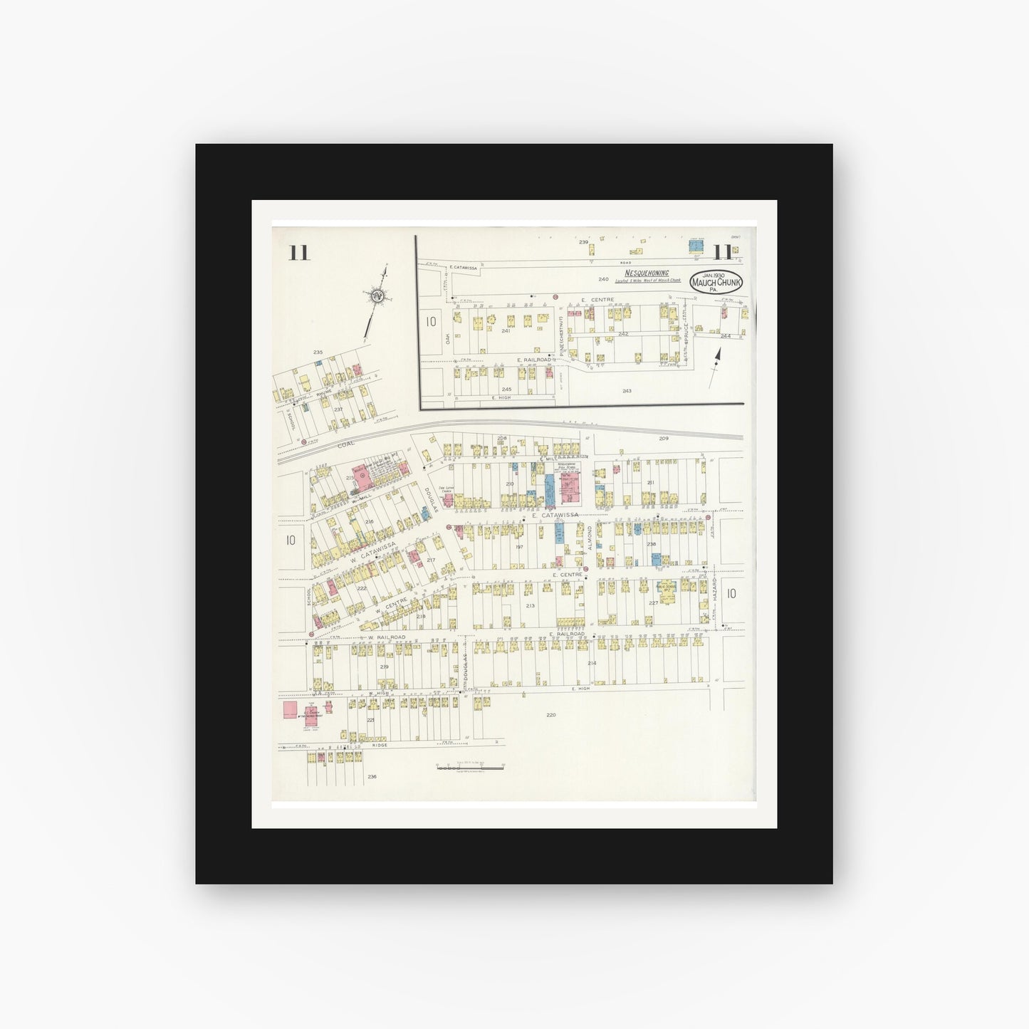 Old map wall art mockup — black gallery frame with white mat — Sanborn Fire Insurance Map from Mauch Chunk, Carbon County, Pennsylvania (1930), Sheet #0011