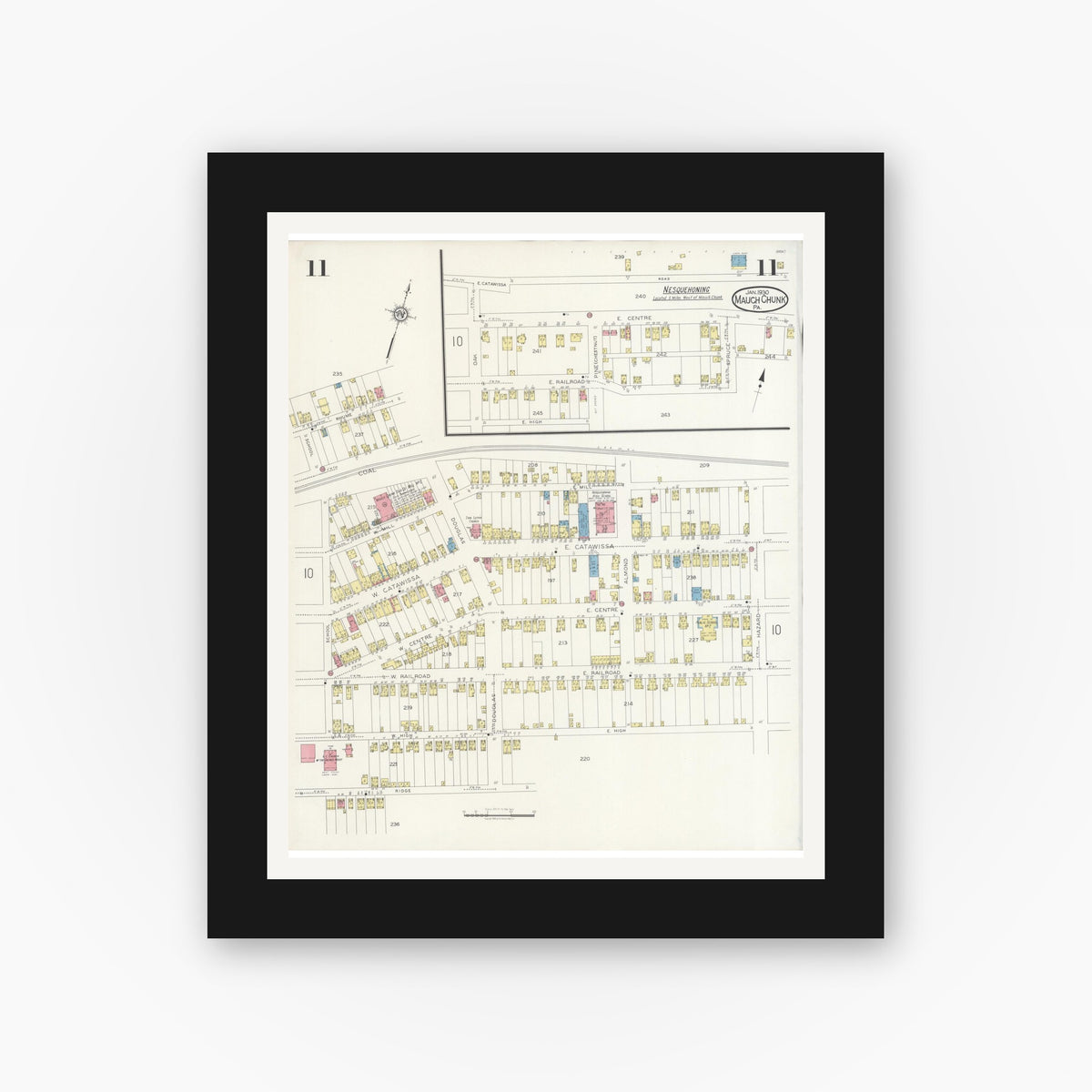 Old map wall art mockup — black gallery frame with white mat — Sanborn Fire Insurance Map from Mauch Chunk, Carbon County, Pennsylvania (1930), Sheet #0011