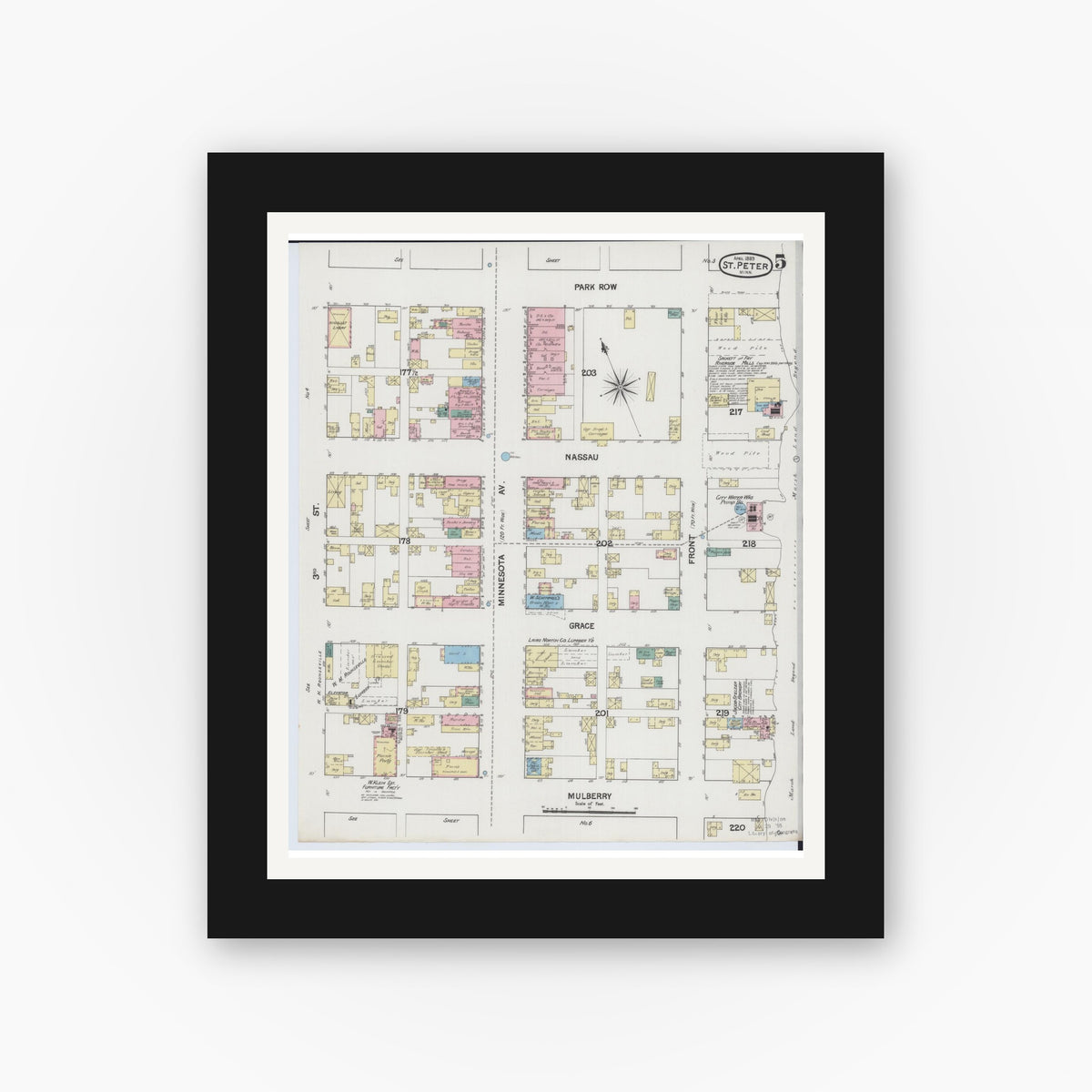 Old map wall art mockup — black gallery frame with white mat — Sanborn Fire Insurance Map from Saint Peter, Nicollet County, Minnesota (1889), Sheet #0005