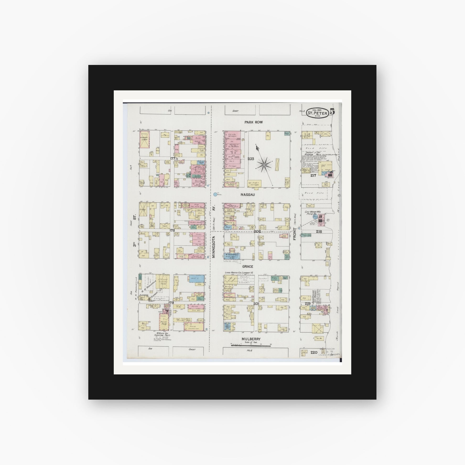 Old map wall art mockup — black gallery frame with white mat — Sanborn Fire Insurance Map from Saint Peter, Nicollet County, Minnesota (1889), Sheet #0005