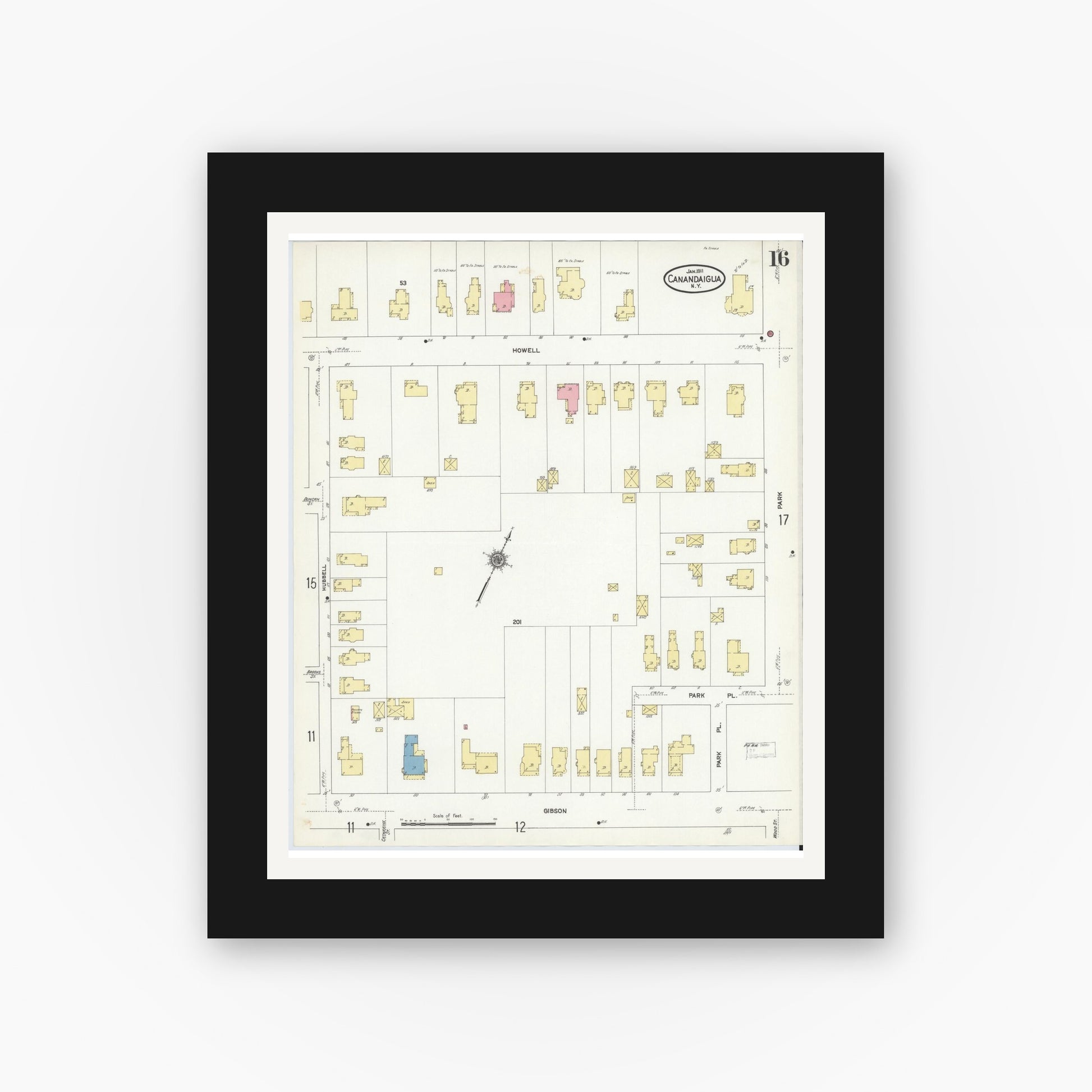 Old map wall art mockup — black gallery frame with white mat — Sanborn Fire Insurance Map from Canandaigua, Ontario County, New York (1911), Sheet #0016