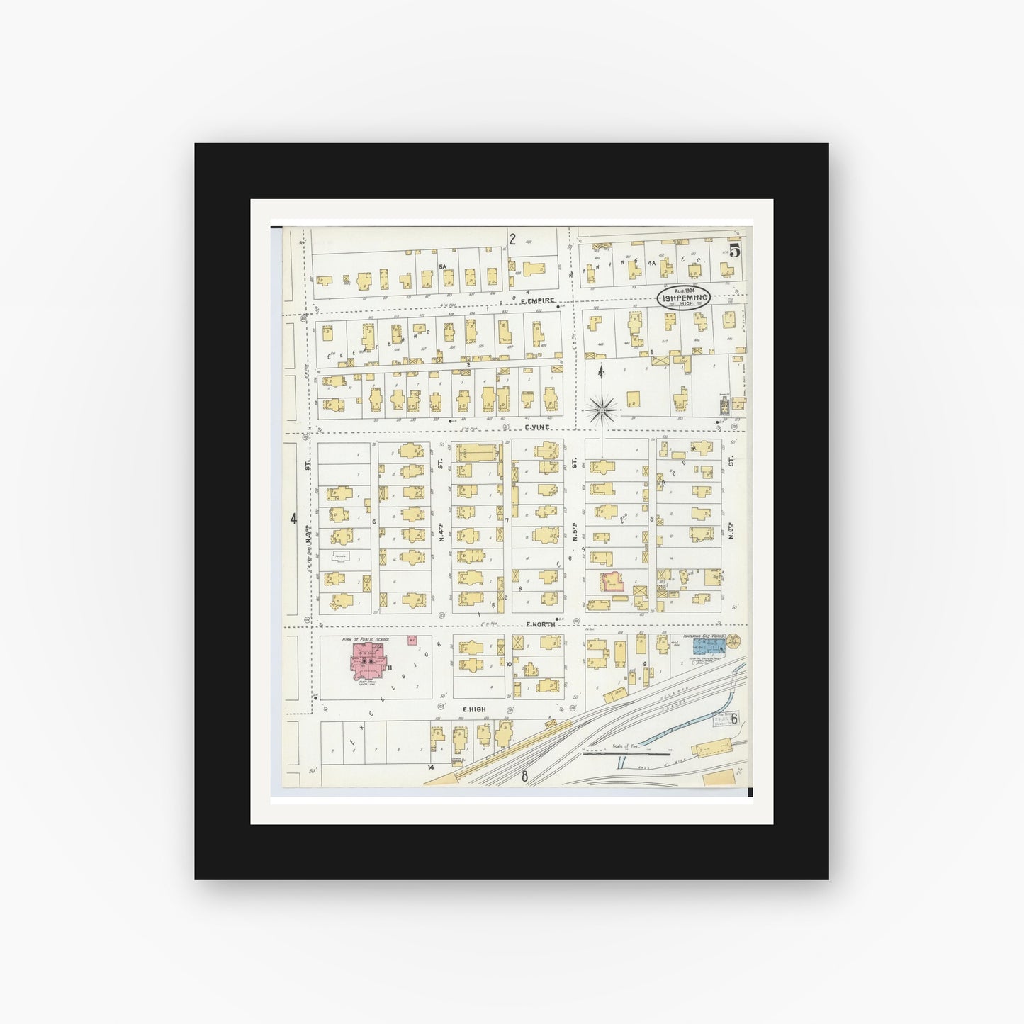 Old map wall art mockup — black gallery frame with white mat — Sanborn Fire Insurance Map from Ishpeming, Marquette County, Michigan (1904), Sheet #0005