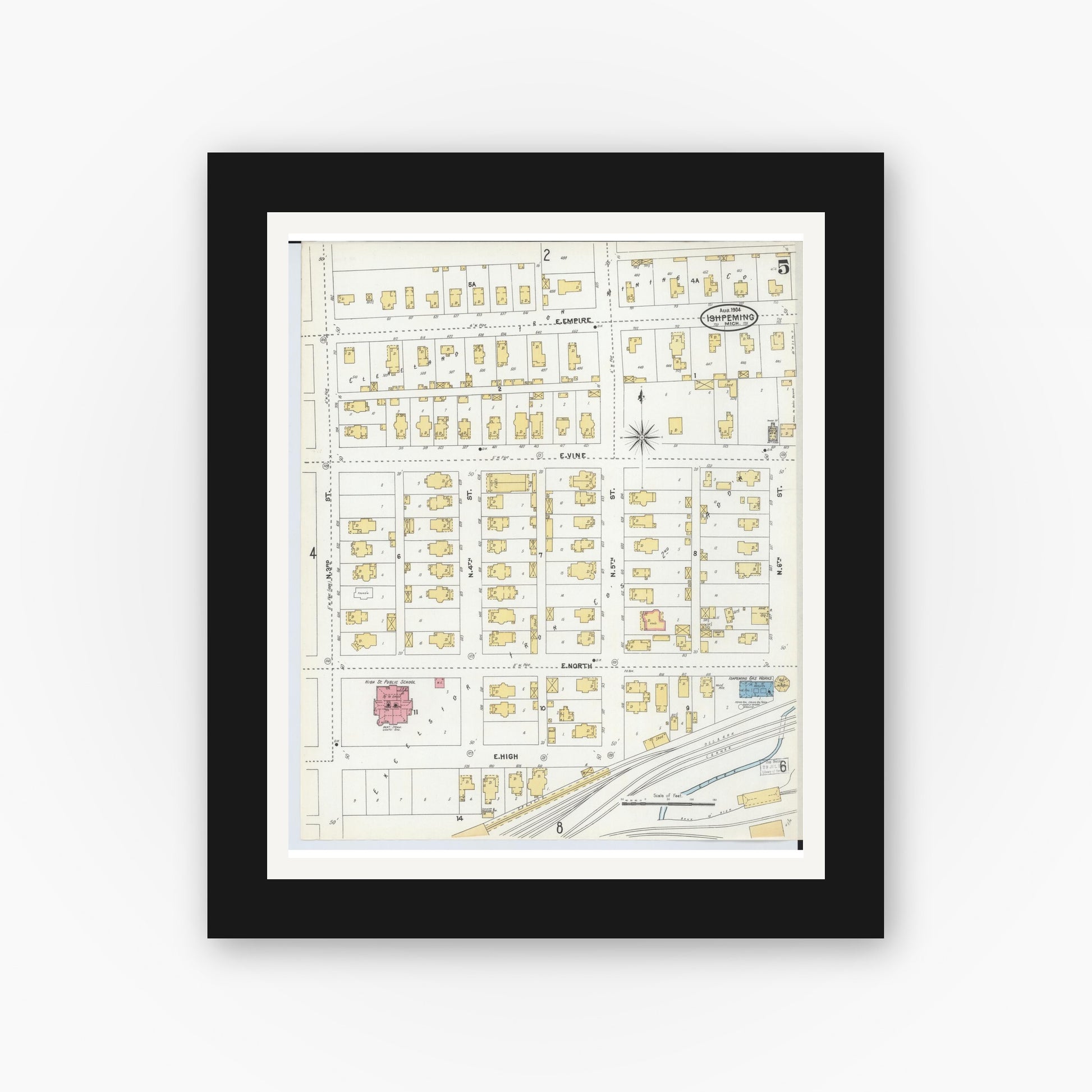 Old map wall art mockup — black gallery frame with white mat — Sanborn Fire Insurance Map from Ishpeming, Marquette County, Michigan (1904), Sheet #0005