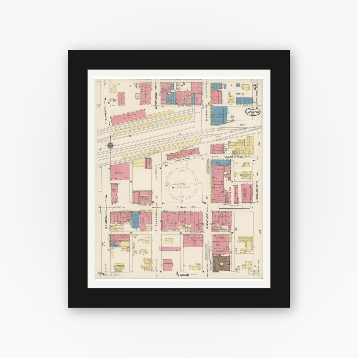 Old map wall art mockup — black gallery frame with white mat — Sanborn Fire Insurance Map from Lakeland, Polk County, Florida (1922), Sheet #0007