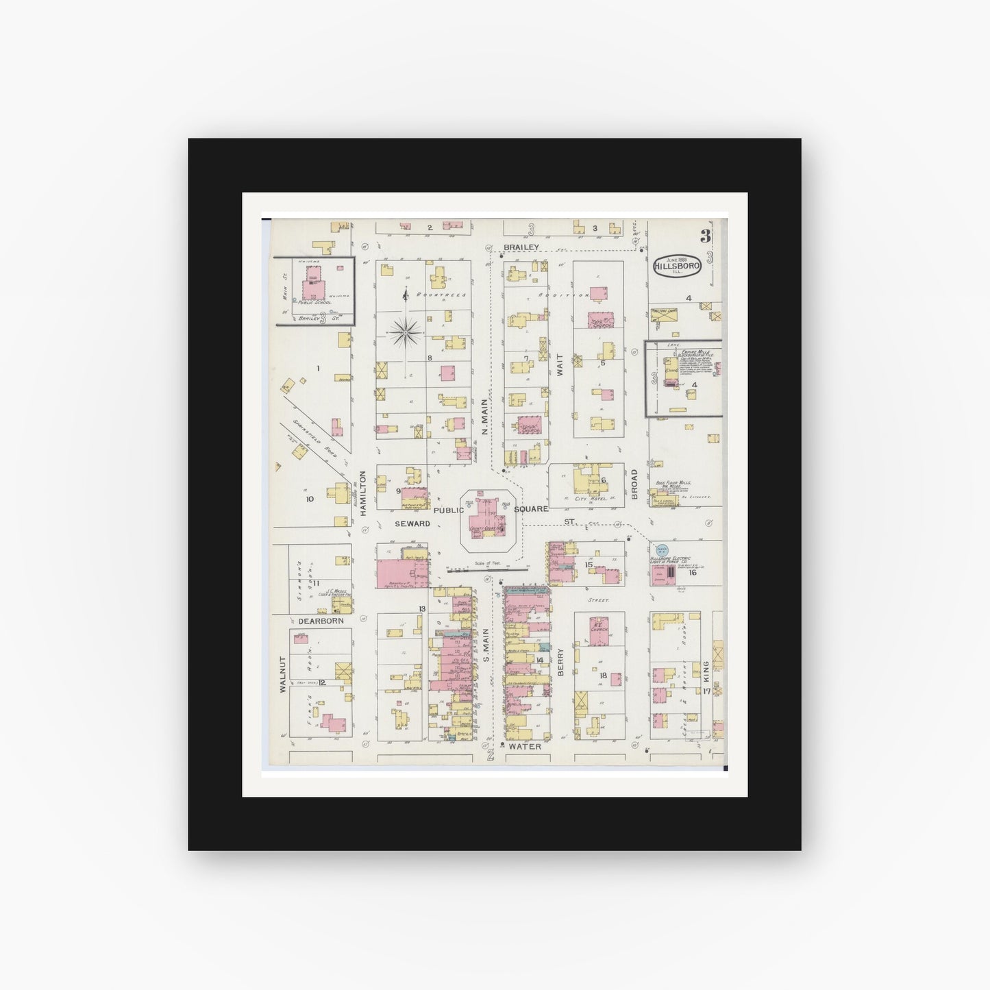Old map wall art mockup — black gallery frame with white mat — Sanborn Fire Insurance Map from Hillsboro, Montgomery County, Illinois (1893), Sheet #0003