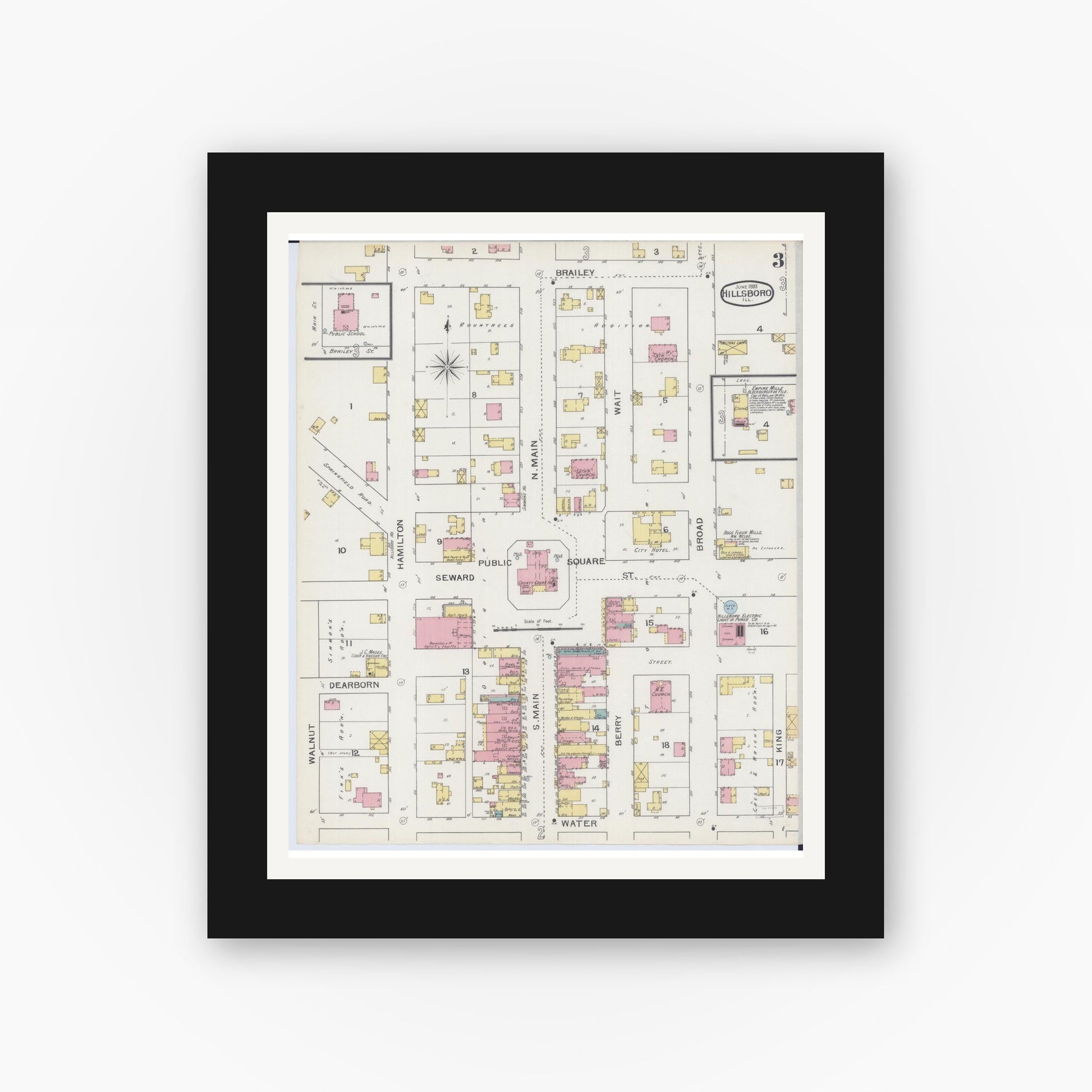 Old map wall art mockup — black gallery frame with white mat — Sanborn Fire Insurance Map from Hillsboro, Montgomery County, Illinois (1893), Sheet #0003