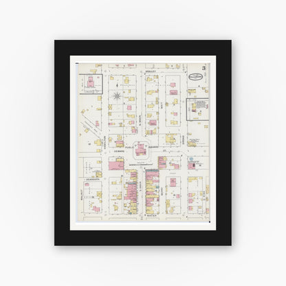 Old map wall art mockup — black gallery frame with white mat — Sanborn Fire Insurance Map from Hillsboro, Montgomery County, Illinois (1893), Sheet #0003