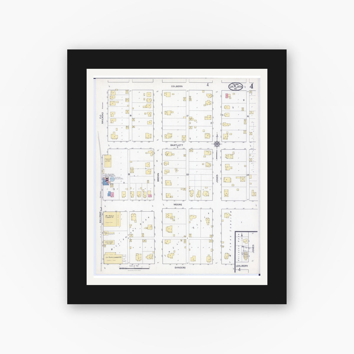 Old map wall art mockup — black gallery frame with white mat — Sanborn Fire Insurance Map from La Plata, Macon County, Missouri (1916), Sheet #0004