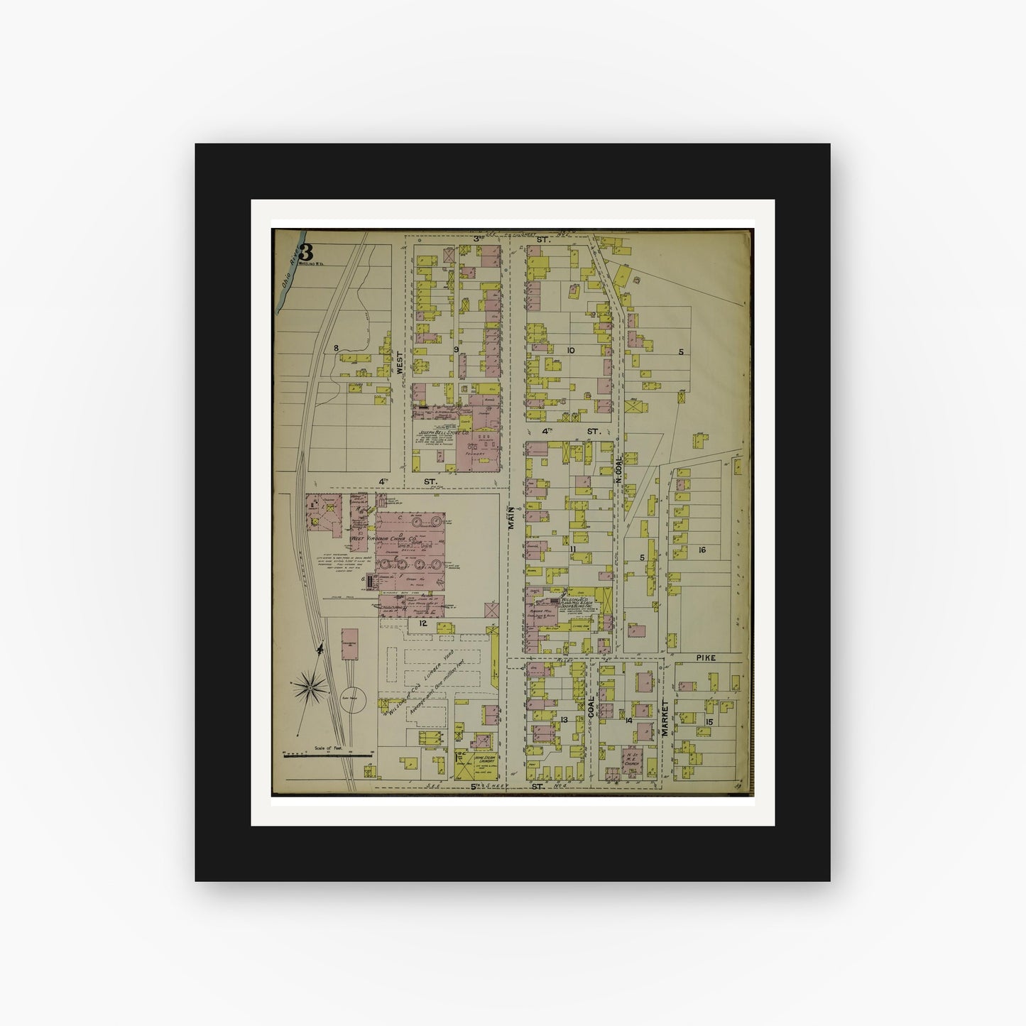 Old map wall art mockup — black gallery frame with white mat — Sanborn Fire Insurance Map from Wheeling, Ohio County, West Virginia (1890), Sheet #0003