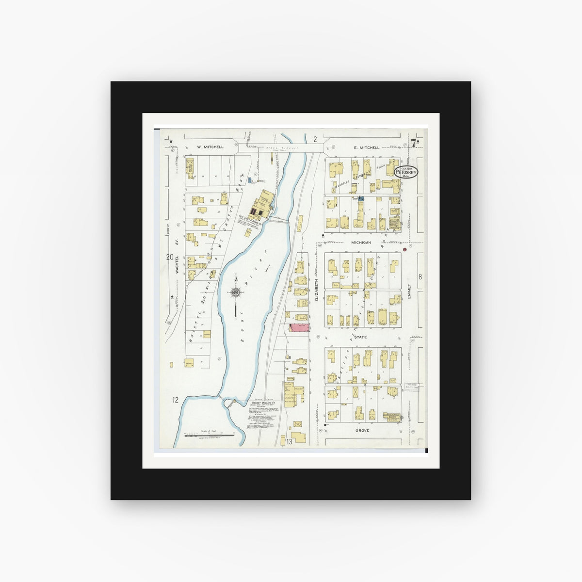 Old map wall art mockup — black gallery frame with white mat — Sanborn Fire Insurance Map from Petoskey, Emmet County, Michigan (1919), Sheet #0007