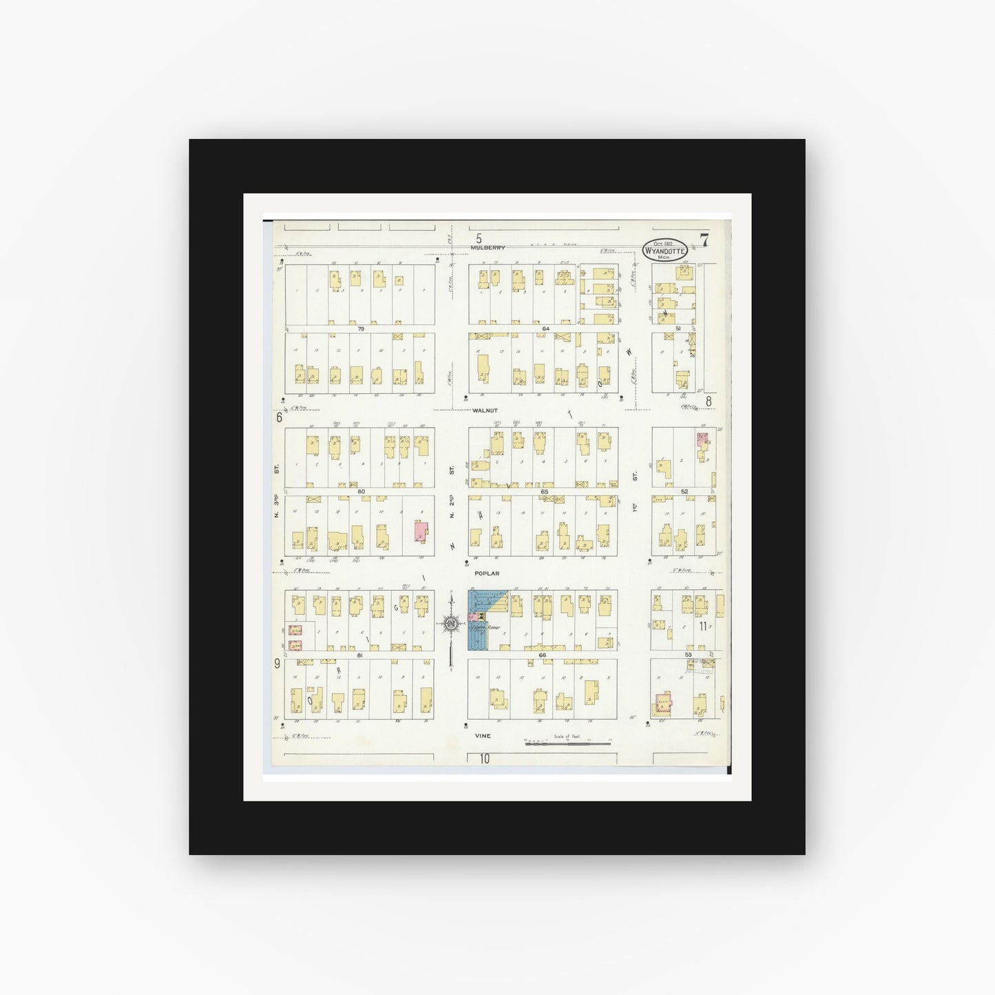 Old map wall art mockup — black gallery frame with white mat — Sanborn Fire Insurance Map from Wyandotte, Wayne County, Michigan (1912), Sheet #0007