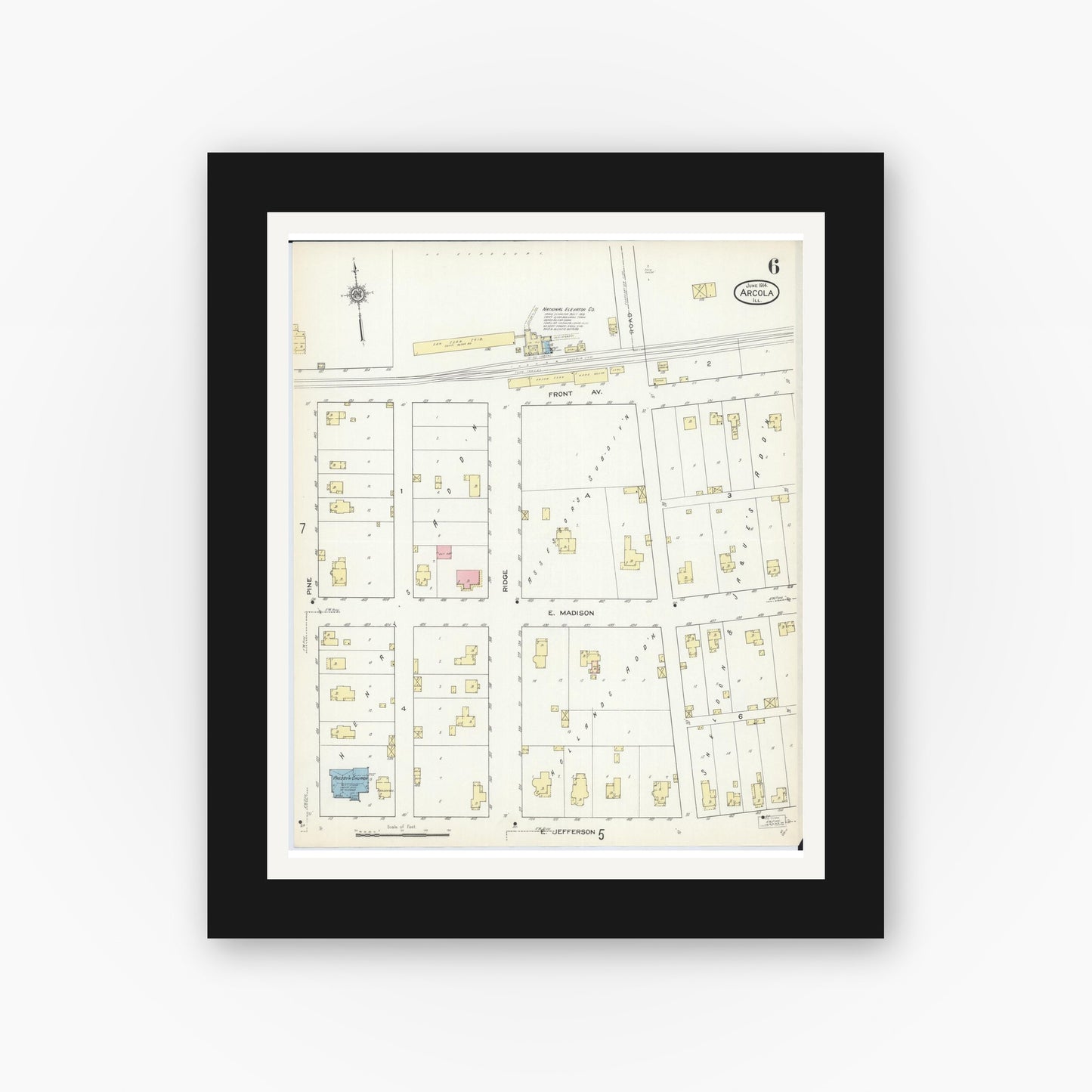 Old map wall art mockup — black gallery frame with white mat — Sanborn Fire Insurance Map from Arcola, Douglas County, Illinois (1914), Sheet #0006