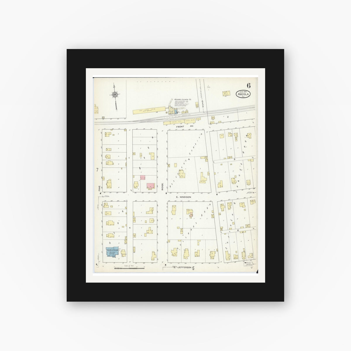Old map wall art mockup — black gallery frame with white mat — Sanborn Fire Insurance Map from Arcola, Douglas County, Illinois (1914), Sheet #0006