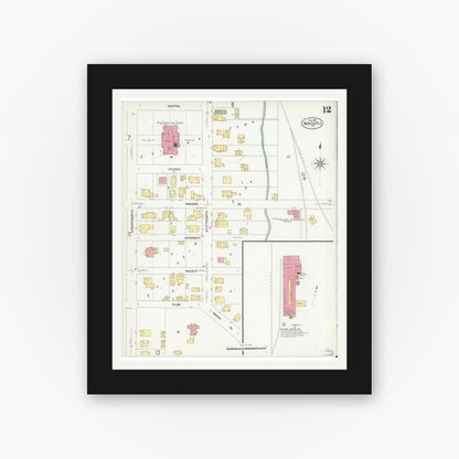 Old map wall art mockup — black gallery frame with white mat — Sanborn Fire Insurance Map from New Castle, Henry County, Indiana (1908), Sheet #0012