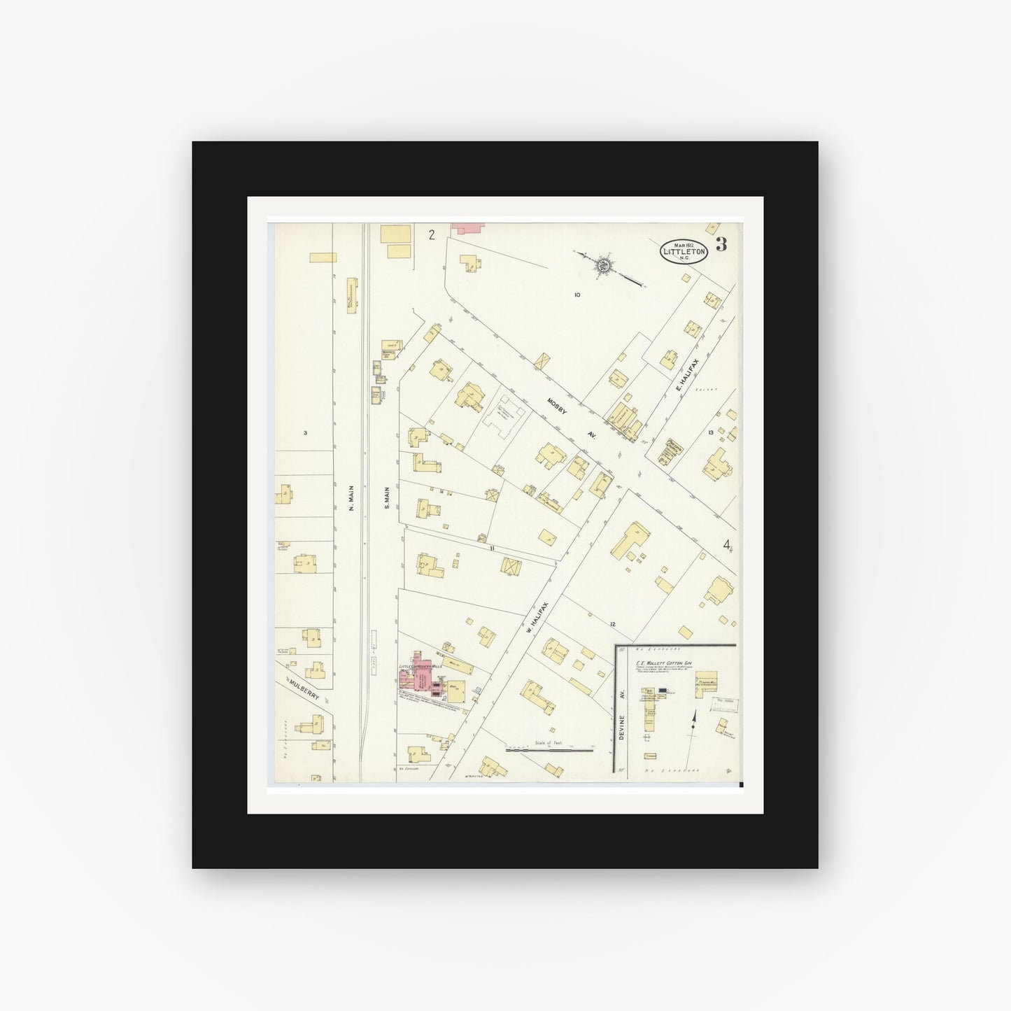 Old map wall art mockup — black gallery frame with white mat — Sanborn Fire Insurance Map from Littleton, Halifax And Warren County, North Carolina (1912), Sheet #0003