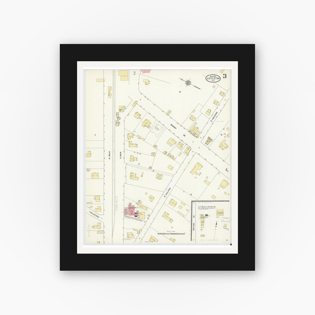 Old map wall art mockup — black gallery frame with white mat — Sanborn Fire Insurance Map from Littleton, Halifax And Warren County, North Carolina (1912), Sheet #0003
