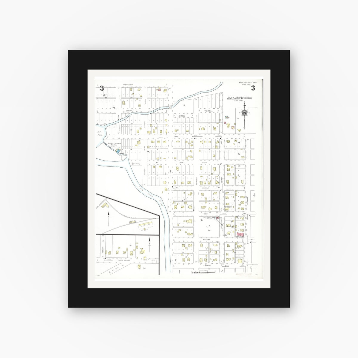 Old map wall art mockup — black gallery frame with white mat — Sanborn Fire Insurance Map from Nora Springs, Floyd County, Iowa (1942), Sheet #0003