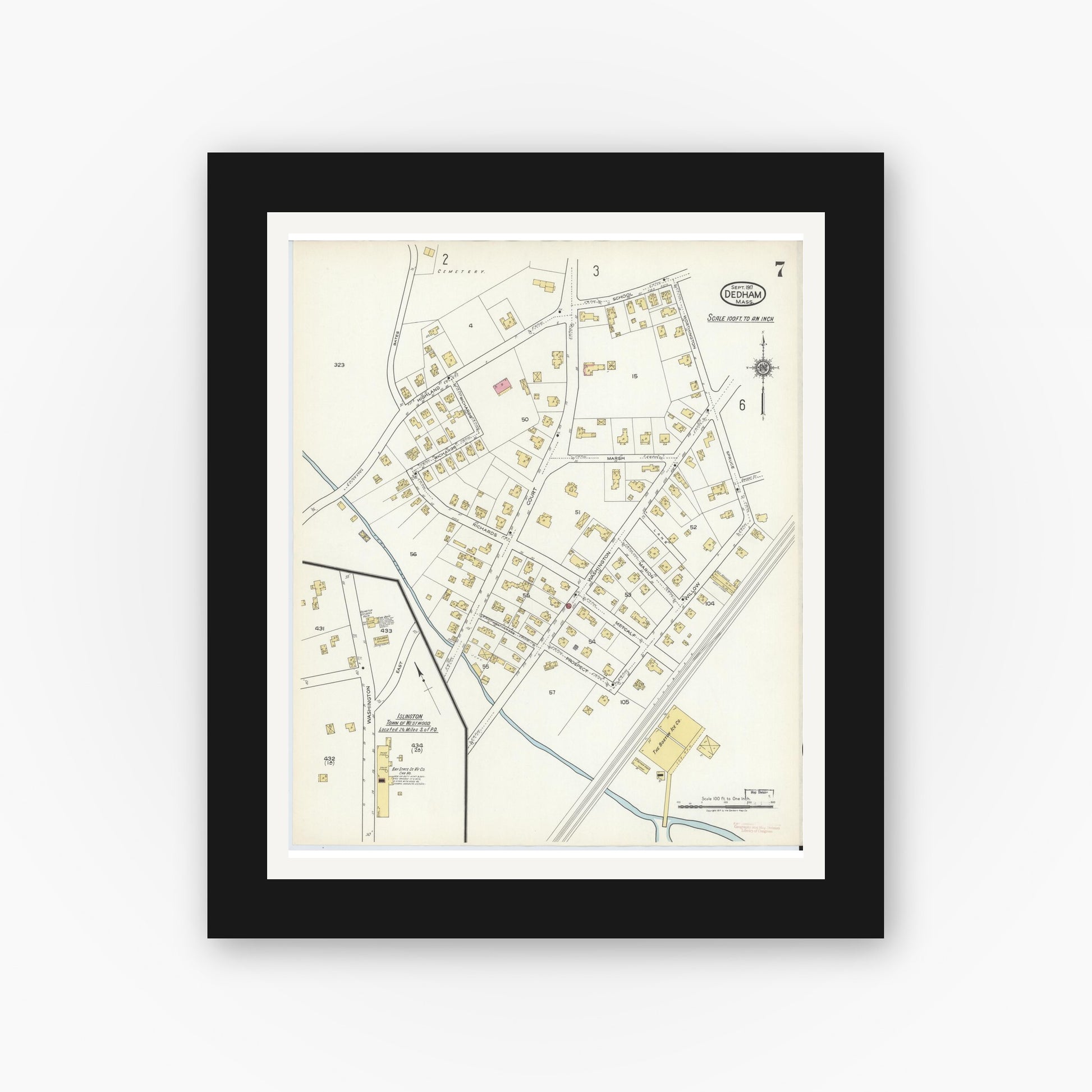 Old map wall art mockup — black gallery frame with white mat — Sanborn Fire Insurance Map from Dedham, Norfolk County, Massachusetts (1917), Sheet #0007