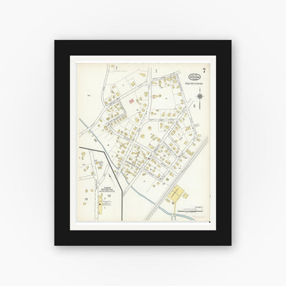 Old map wall art mockup — black gallery frame with white mat — Sanborn Fire Insurance Map from Dedham, Norfolk County, Massachusetts (1917), Sheet #0007