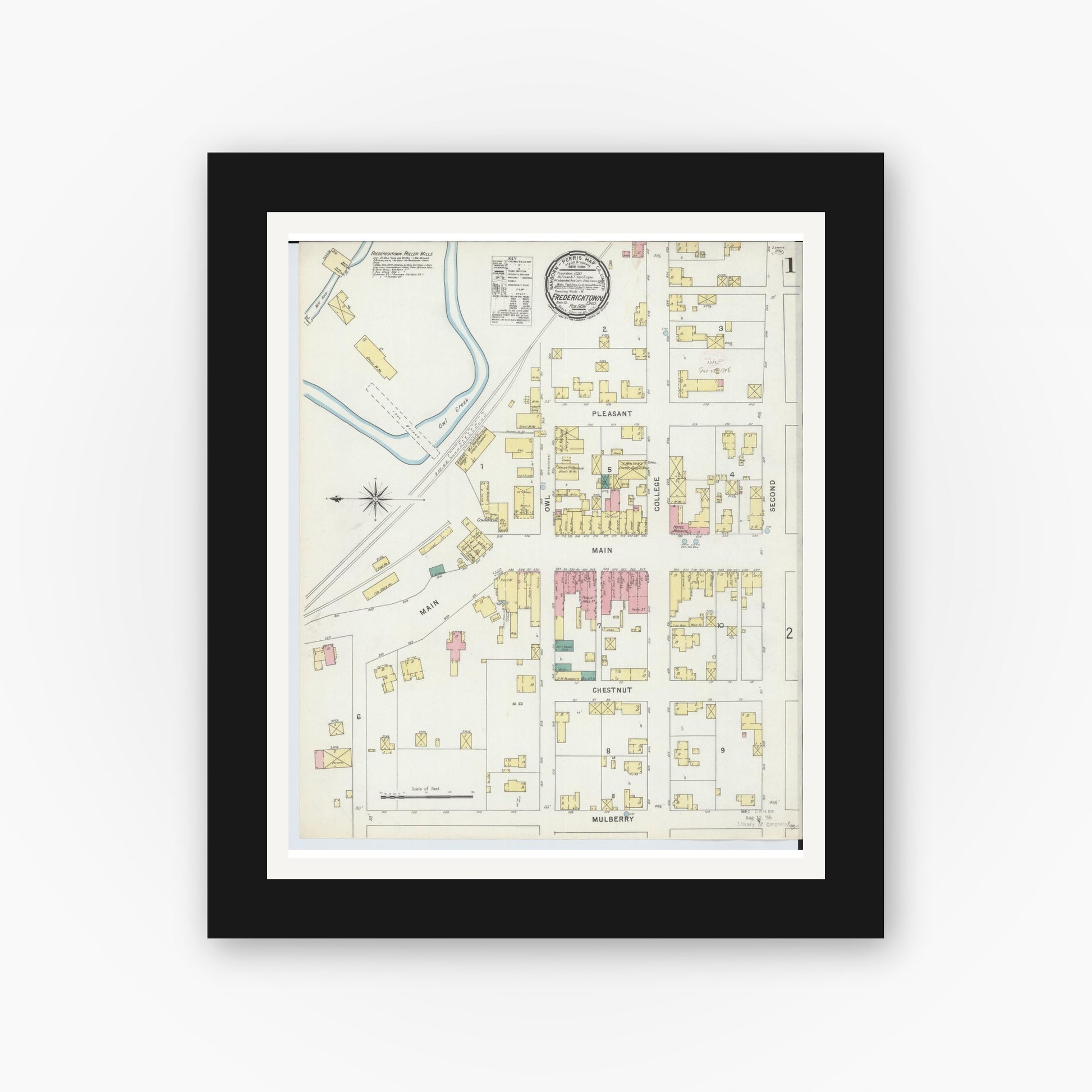 Old map wall art mockup — black gallery frame with white mat — Sanborn Fire Insurance Map from Fredericktown, Knox County, Ohio (1896), Sheet #0001