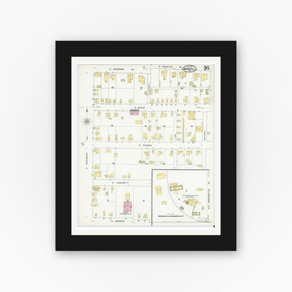 Old map wall art mockup — black gallery frame with white mat — Sanborn Fire Insurance Map from Marshall, Harrison County, Texas (1909), Sheet #0016