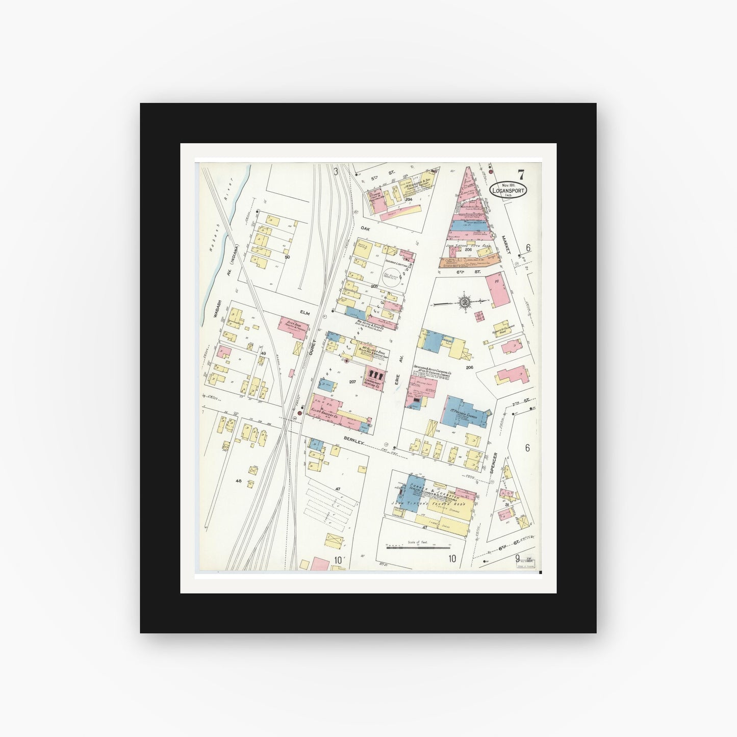Old map wall art mockup — black gallery frame with white mat — Sanborn Fire Insurance Map from Logansport, Cass County, Indiana (1911), Sheet #0007