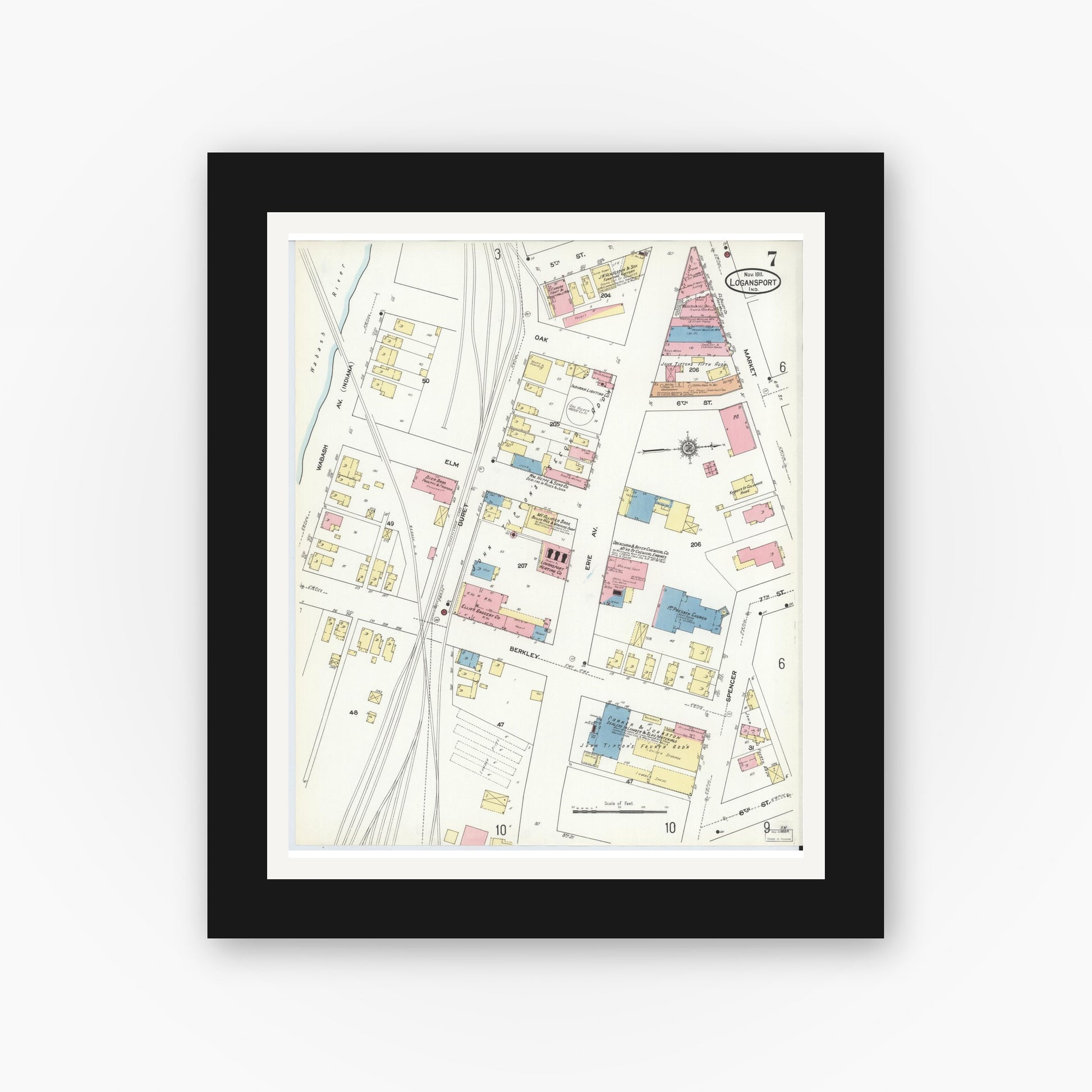Old map wall art mockup — black gallery frame with white mat — Sanborn Fire Insurance Map from Logansport, Cass County, Indiana (1911), Sheet #0007