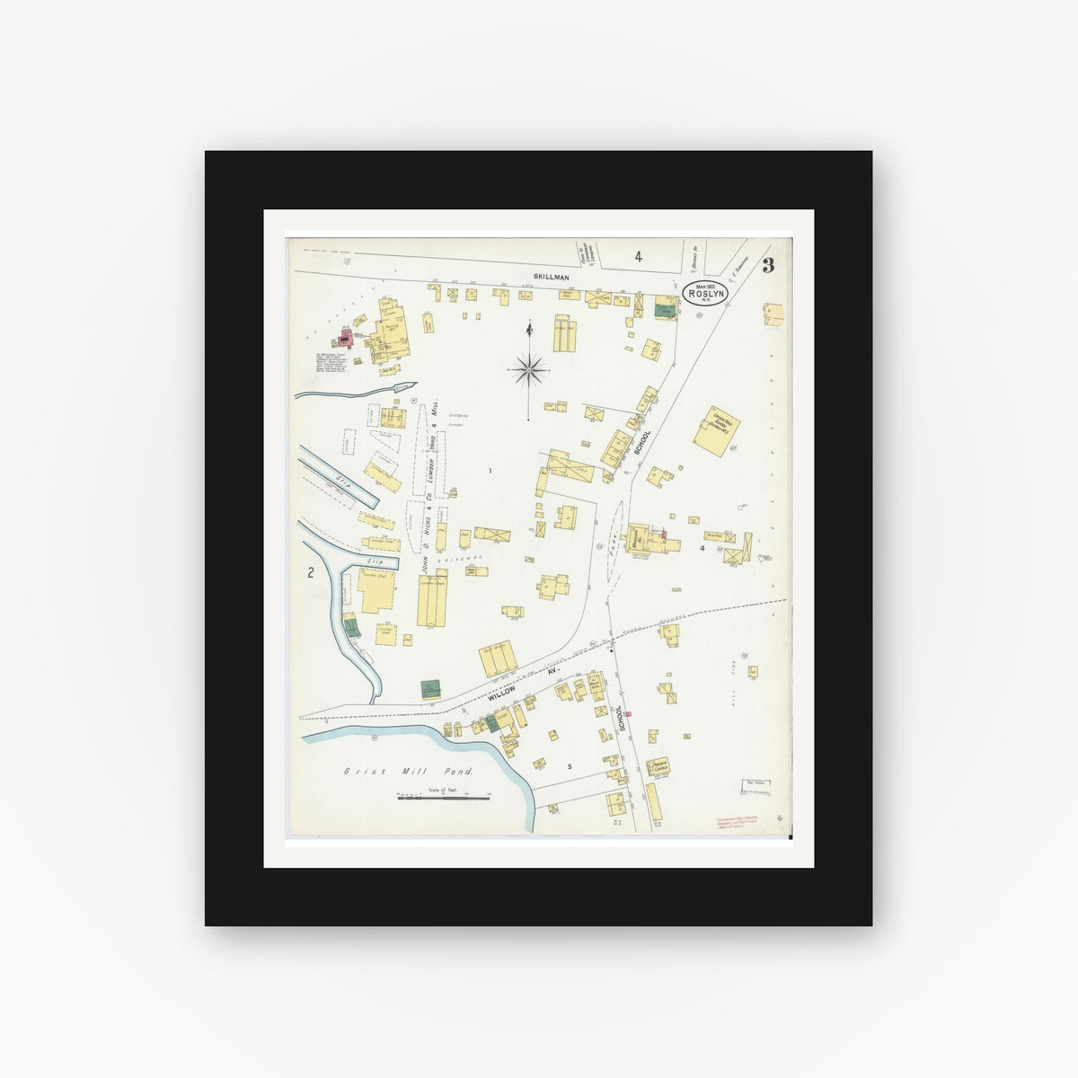 Old map wall art mockup — black gallery frame with white mat — Sanborn Fire Insurance Map from Roslyn, Nassau County, New York (1902), Sheet #0003