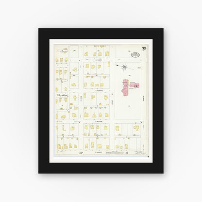 Old map wall art mockup — black gallery frame with white mat — Sanborn Fire Insurance Map from Sherman, Grayson County, Texas (1908), Sheet #0035