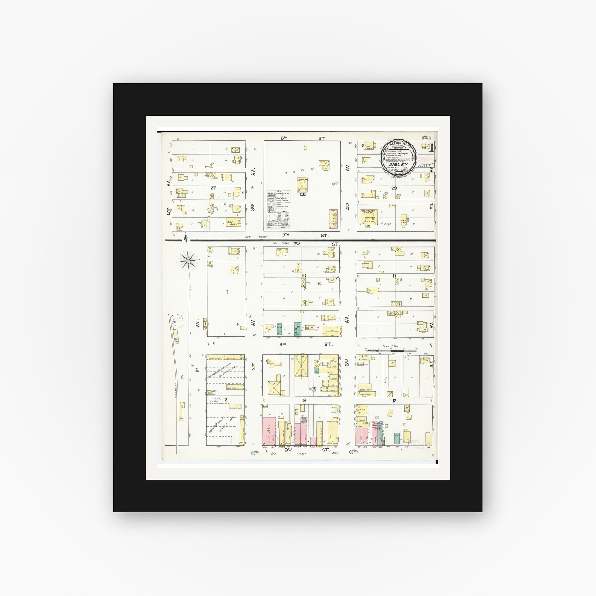 Old map wall art mockup — black gallery frame with white mat — Sanborn Fire Insurance Map from Sibley, Osceola County, Iowa (1892), Sheet #0001