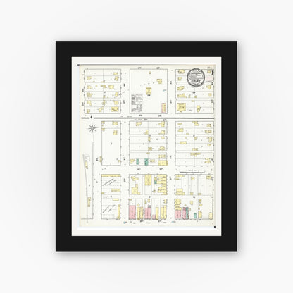 Old map wall art mockup — black gallery frame with white mat — Sanborn Fire Insurance Map from Sibley, Osceola County, Iowa (1892), Sheet #0001