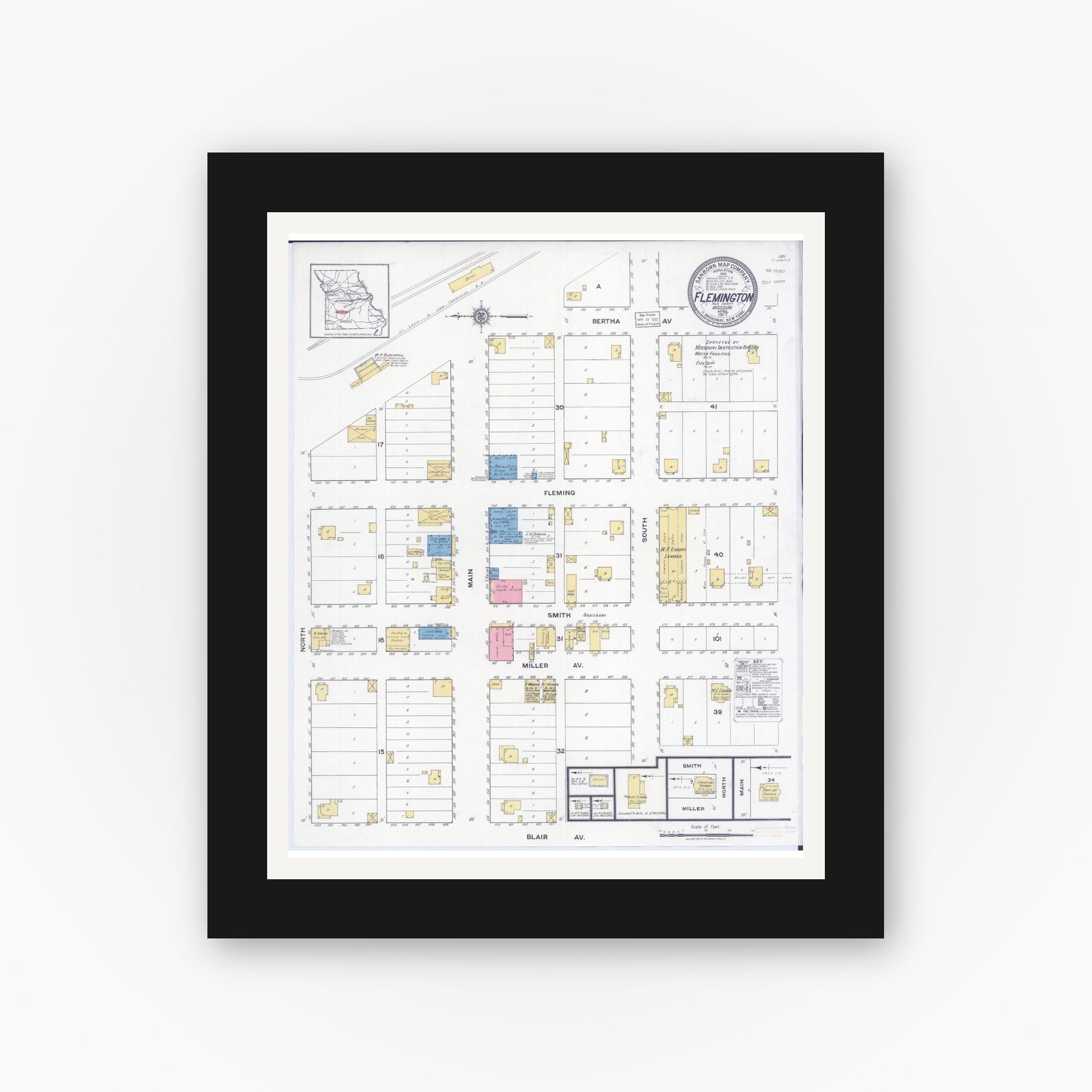 Old map wall art mockup — black gallery frame with white mat — Sanborn Fire Insurance Map from Flemington, Polk County, Missouri (1917), Sheet #0001