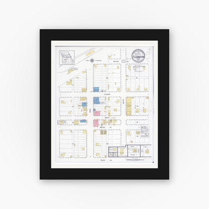 Old map wall art mockup — black gallery frame with white mat — Sanborn Fire Insurance Map from Flemington, Polk County, Missouri (1917), Sheet #0001