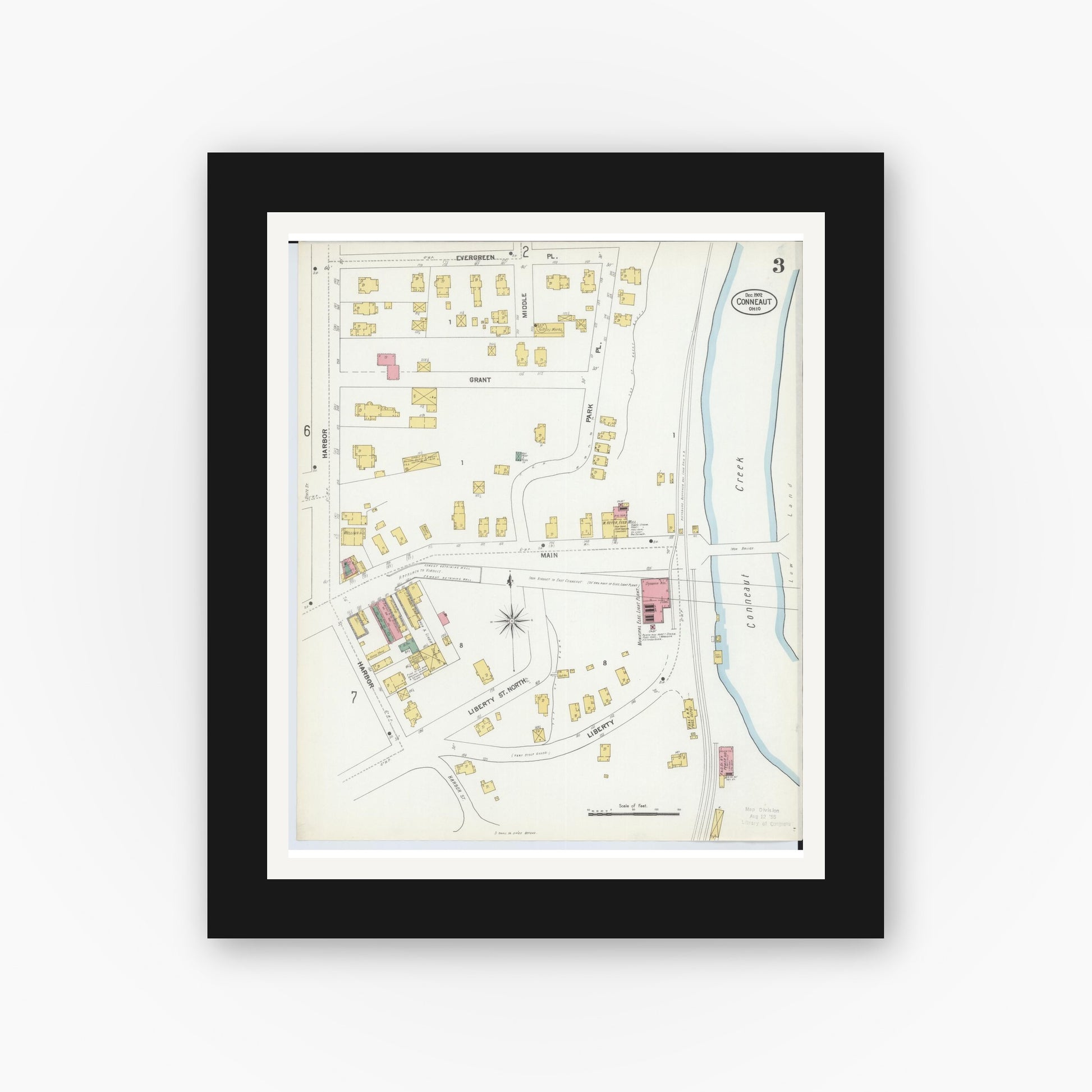 Old map wall art mockup — black gallery frame with white mat — Sanborn Fire Insurance Map from Conneaut, Ashtabula County, Ohio (1902), Sheet #0003