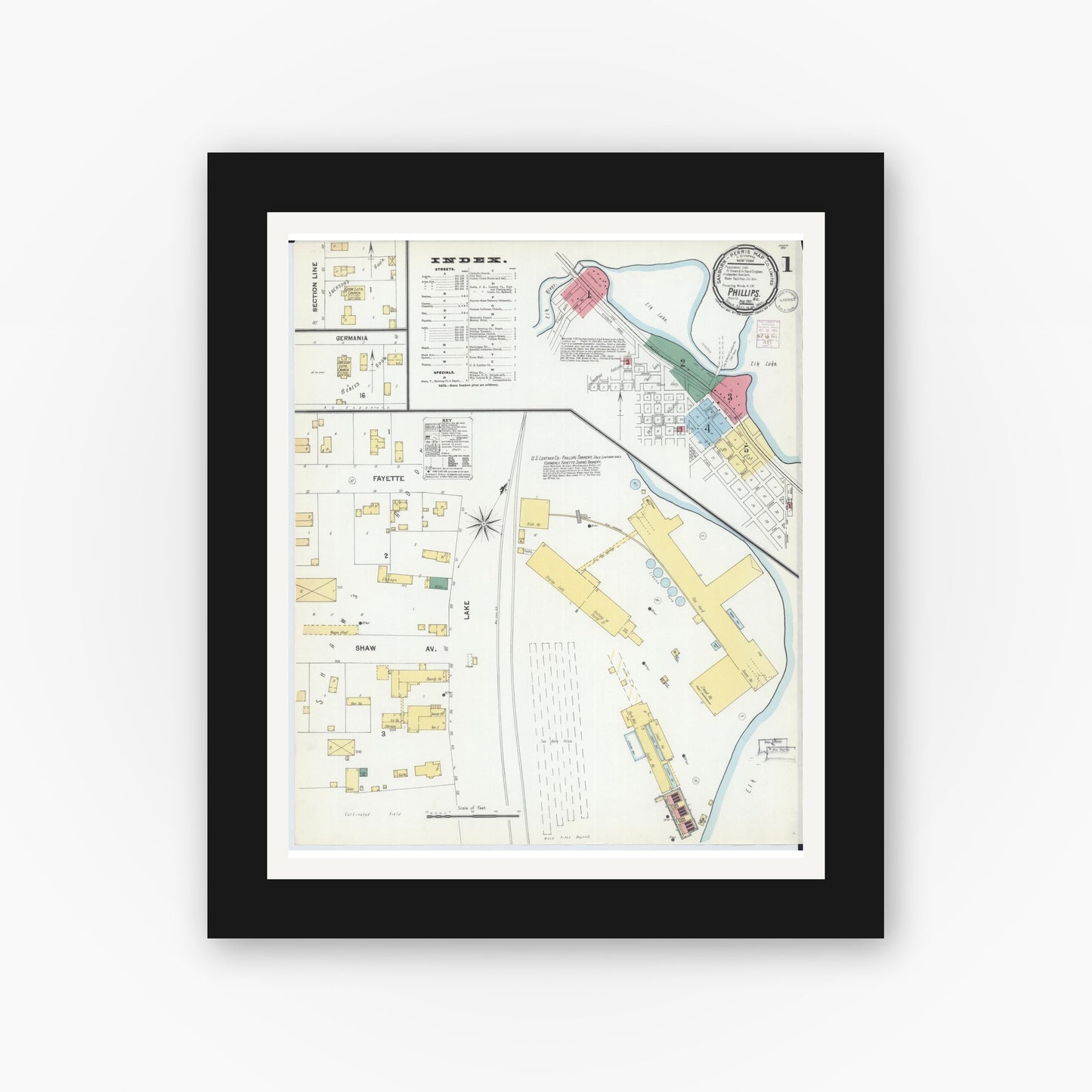 Old map wall art mockup — black gallery frame with white mat — Sanborn Fire Insurance Map from Phillips, Price County, Wisconsin (1901), Sheet #0001
