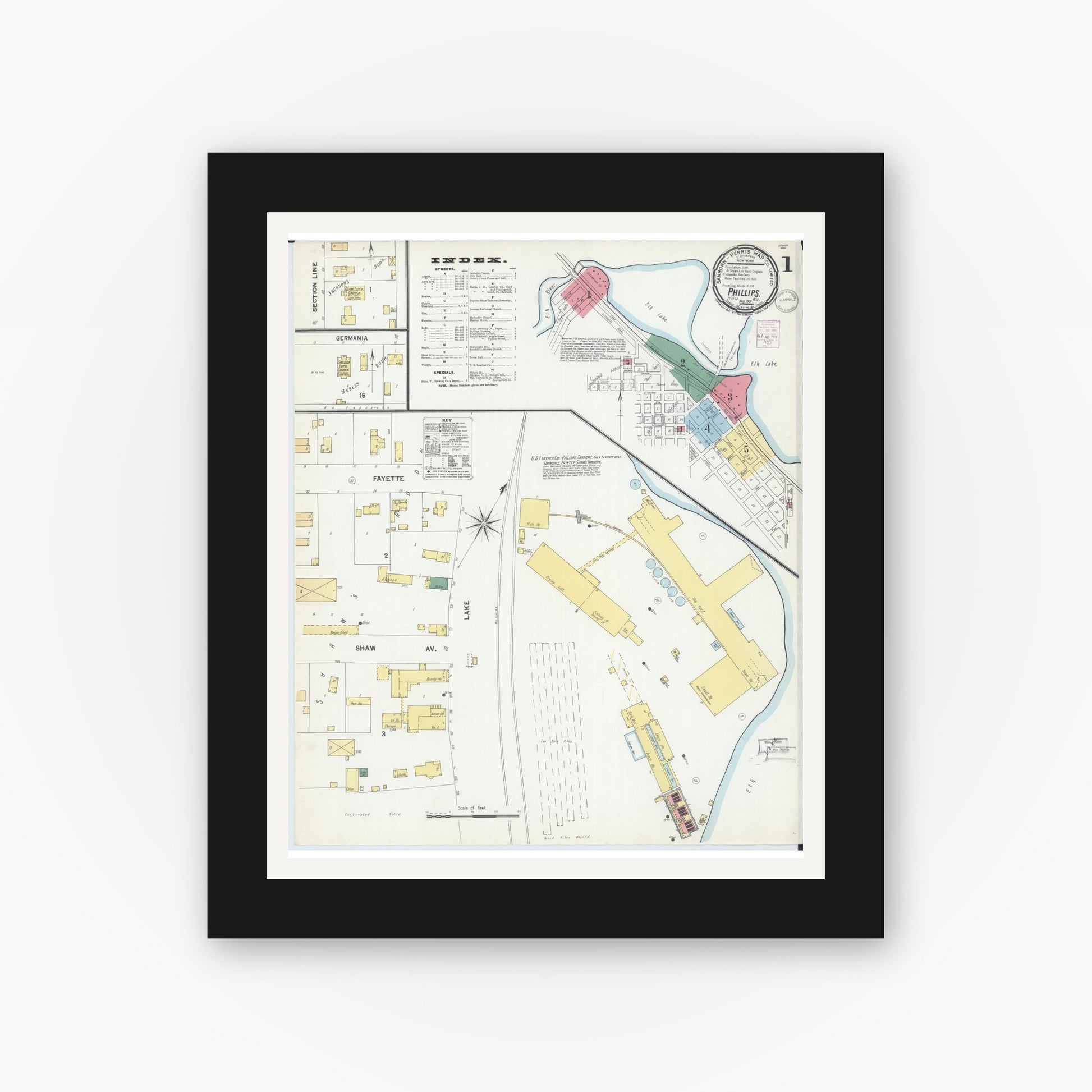 Old map wall art mockup — black gallery frame with white mat — Sanborn Fire Insurance Map from Phillips, Price County, Wisconsin (1901), Sheet #0001