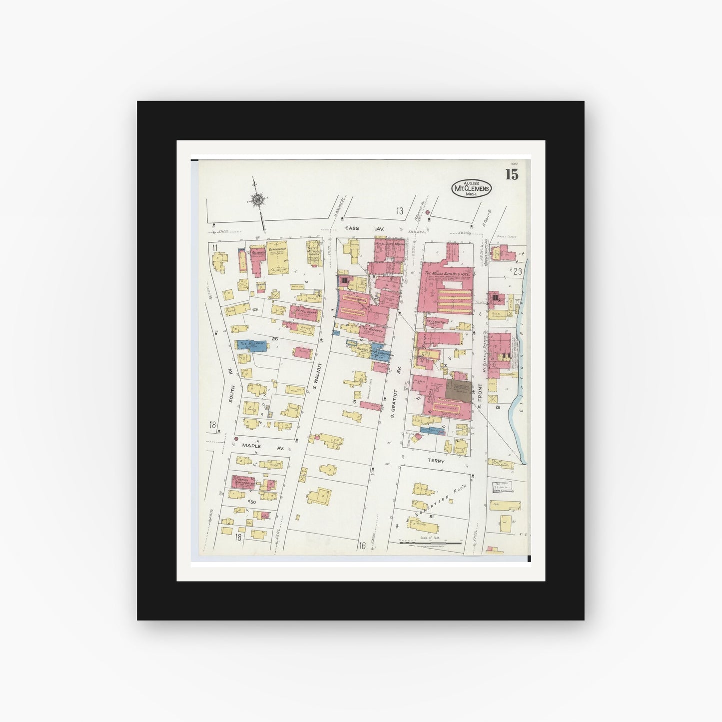 Old map wall art mockup — black gallery frame with white mat — Sanborn Fire Insurance Map from Mount Clemens, Macomb County, Michigan (1921), Sheet #0015