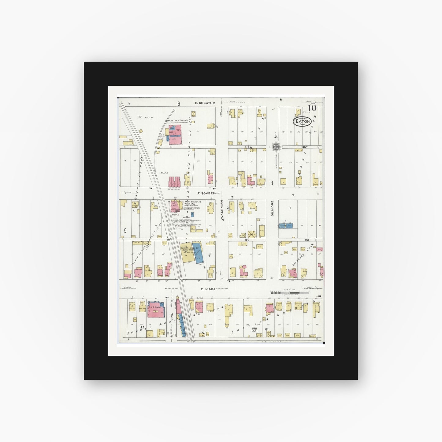 Old map wall art mockup — black gallery frame with white mat — Sanborn Fire Insurance Map from Eaton, Preble County, Ohio (1921), Sheet #0010