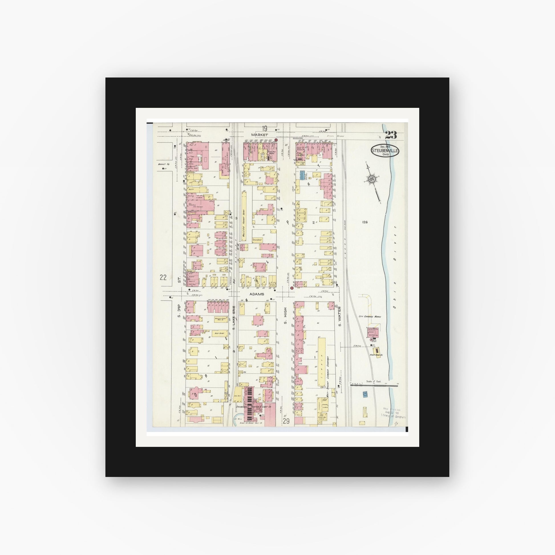 Old map wall art mockup — black gallery frame with white mat — Sanborn Fire Insurance Map from Steubenville, Jefferson County, Ohio (1913), Sheet #0023