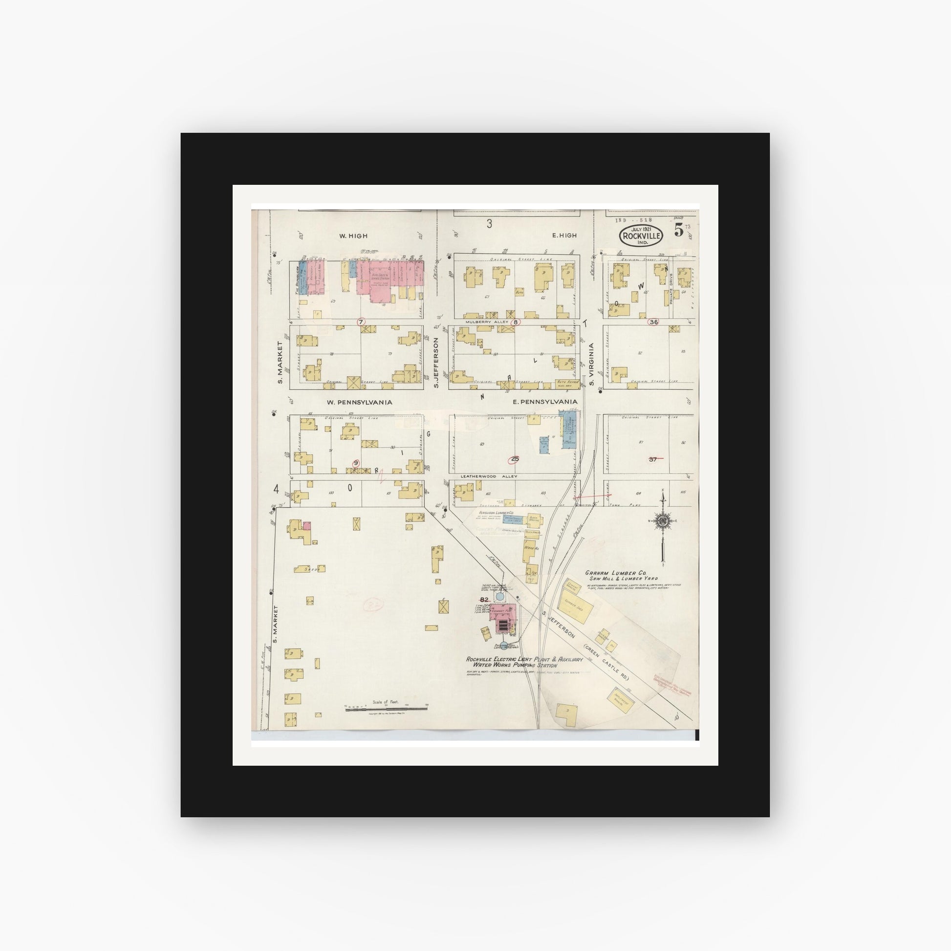 Old map wall art mockup — black gallery frame with white mat — Sanborn Fire Insurance Map from Rockville, Parke County, Indiana (1932), Sheet #0005