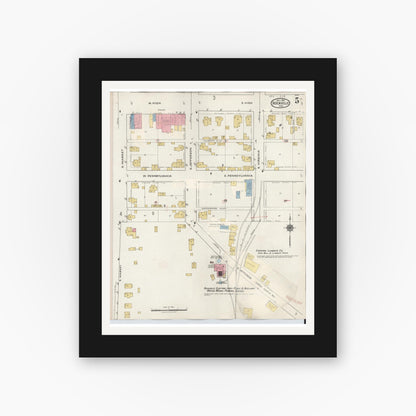 Old map wall art mockup — black gallery frame with white mat — Sanborn Fire Insurance Map from Rockville, Parke County, Indiana (1932), Sheet #0005