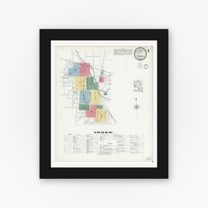Old map wall art mockup — black gallery frame with white mat — Sanborn Fire Insurance Map from Rochester, Fulton County, Indiana (1901) - Complete Map Set