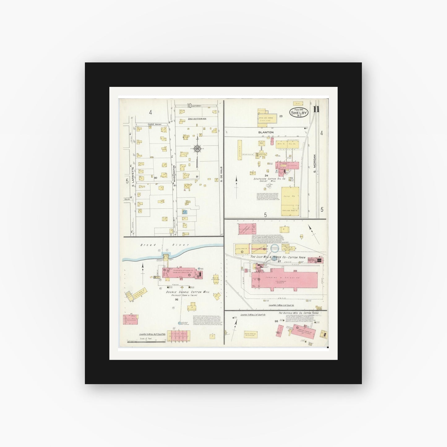 Old map wall art mockup — black gallery frame with white mat — Sanborn Fire Insurance Map from Shelby, Cleveland County, North Carolina (1916), Sheet #0011