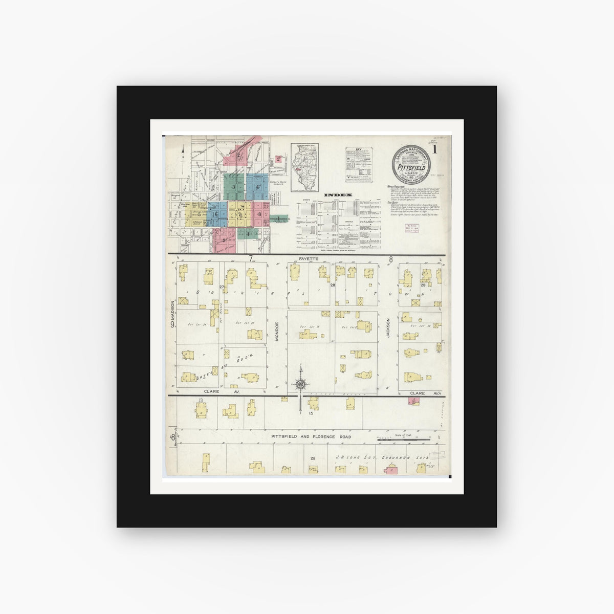 Old map wall art mockup — black gallery frame with white mat — Sanborn Fire Insurance Map from Pittsfield, Pike County, Illinois (1913), Sheet #0001